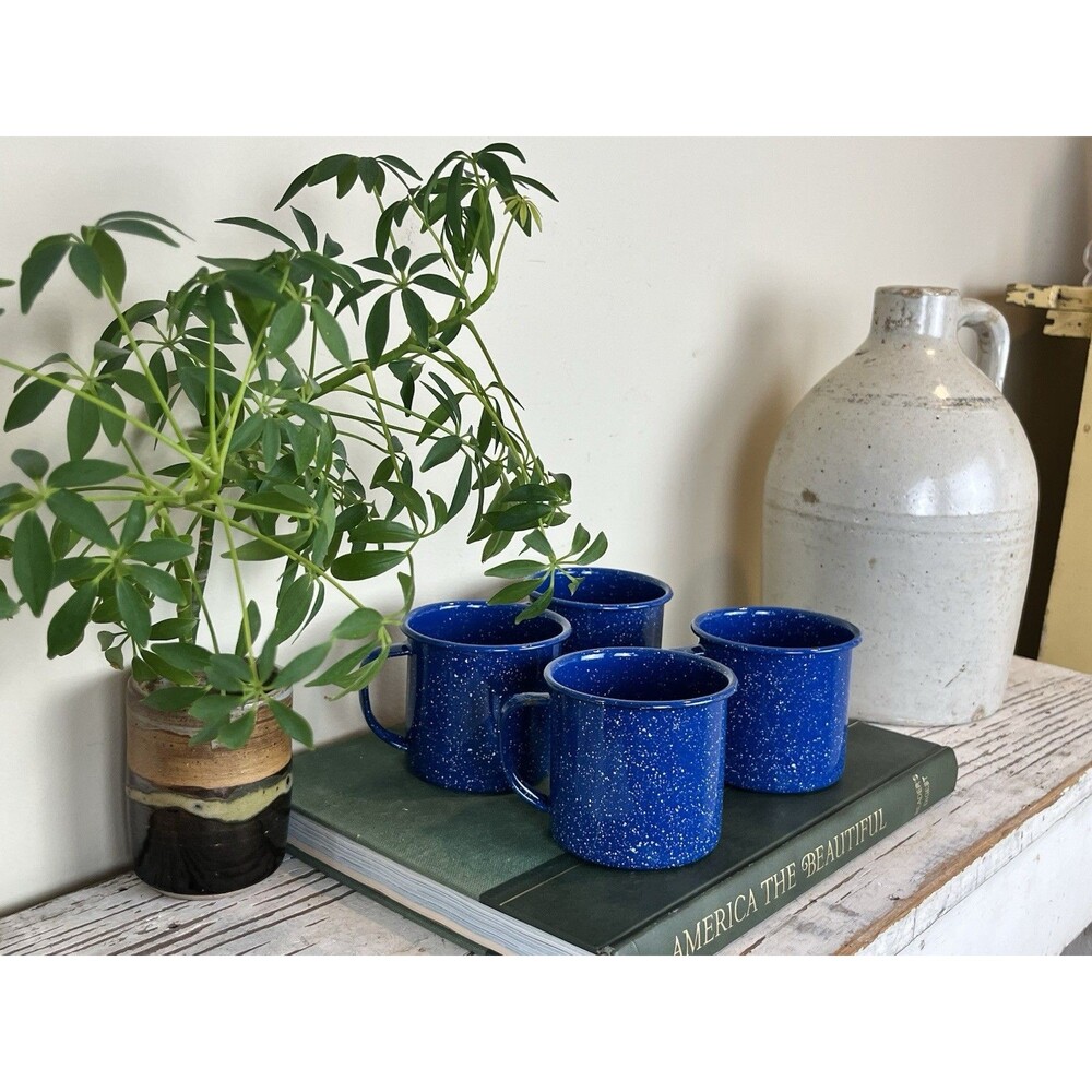 Vintage Blue Speckled Enamelware Metal Coffee Cups Mugs Set Of 4, Cabin Camping - Picture 4 of 8